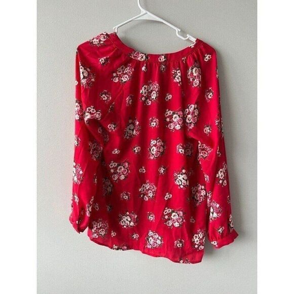 Gibson NWT Women Red Pretty Floral Long Sleeve Flare Button Blouse Top - Picture 4 of 10